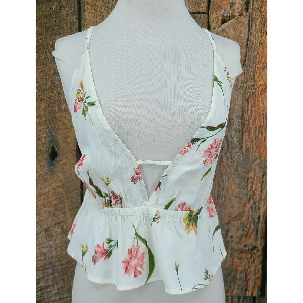 New Flynn Skye Deep V Tank Top Womens M White Pink Floral Spaghetti Strap